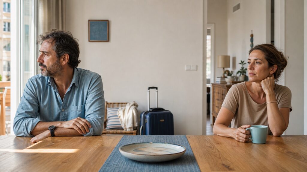 Pareja distanciada tras las vacaciones, imagen sobre divorcios en septiembre