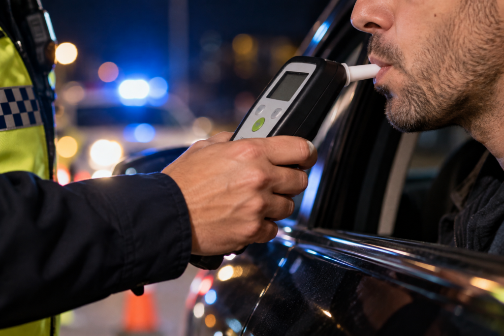 Conductor realizando una prueba con un etilómetro en un control nocturno de alcoholemia.