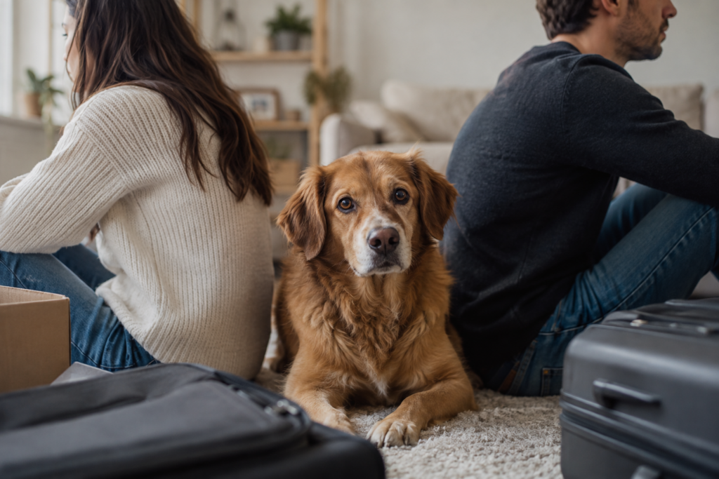 Perro entre dos personas sentadas de espaldas, como representación de una separación de pareja.
