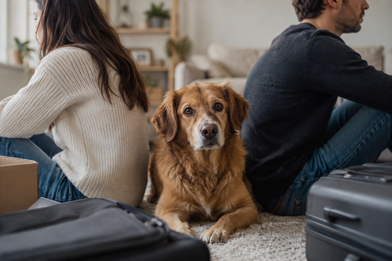 Perro entre dos personas sentadas de espaldas, como representación de una separación de pareja.