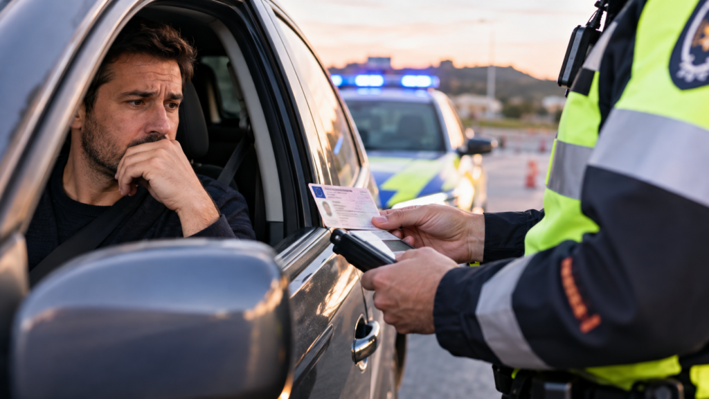 Agente revisando la documentación de un conductor en un control de tráfico al atardecer